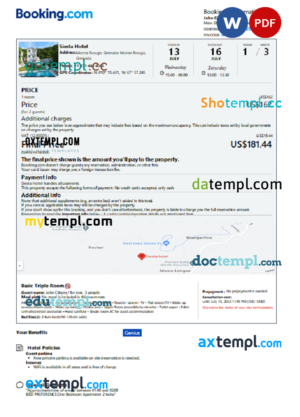 editable template, Grenada hotel booking confirmation Word and PDF template, 2 pages