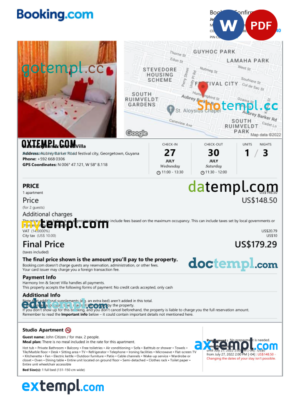 editable template, Guyana hotel booking confirmation Word and PDF template, 2 pages