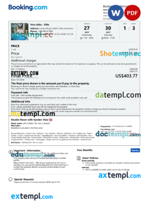 editable template, Honduras hotel booking confirmation Word and PDF template, 2 pages