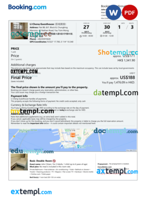 editable template, Hong Kong hotel booking confirmation Word and PDF template, 2 pages