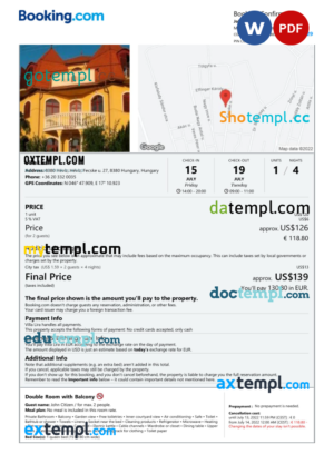 editable template, Hungary hotel booking confirmation Word and PDF template, 2 pages