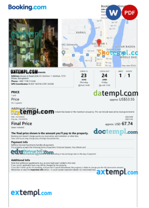 editable template, Bangladesh hotel booking confirmation Word and PDF template, 2 pages
