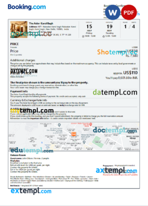 editable template, India hotel booking confirmation Word and PDF template, 2 pages