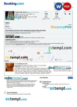 editable template, Iraq hotel booking confirmation Word and PDF template, 2 pages