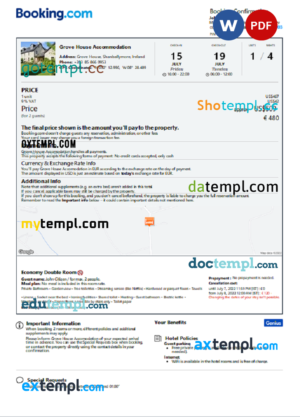 editable template, Ireland hotel booking confirmation Word and PDF template, 2 pages