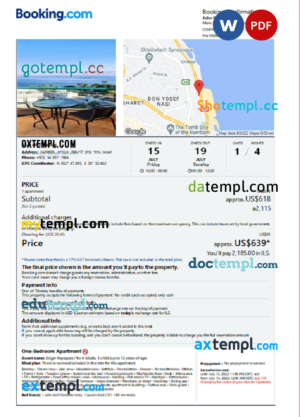 editable template, Israel hotel booking confirmation Word and PDF template, 2 pages