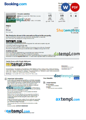 editable template, Italy hotel booking confirmation Word and PDF template, 2 pages