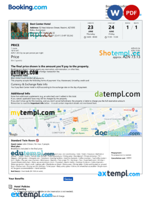 editable template, Azerbaijan hotel booking confirmation Word and PDF template, 2 pages