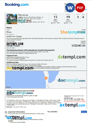 editable template, Jamaica hotel booking confirmation Word and PDF template, 2 pages