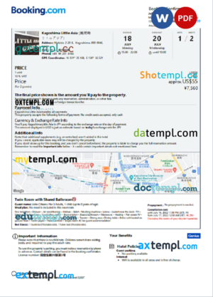 editable template, Japan hotel booking confirmation Word and PDF template, 2 pages
