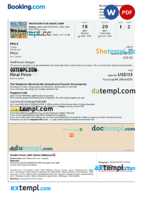 editable template, Jordan hotel booking confirmation Word and PDF template, 2 pages