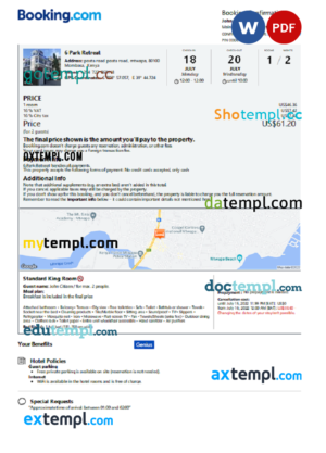 editable template, Kenya hotel booking confirmation Word and PDF template, 2 pages