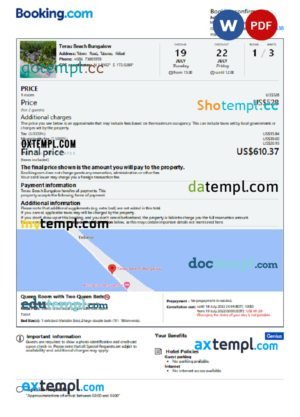editable template, Kiribati hotel booking confirmation Word and PDF template, 2 pages