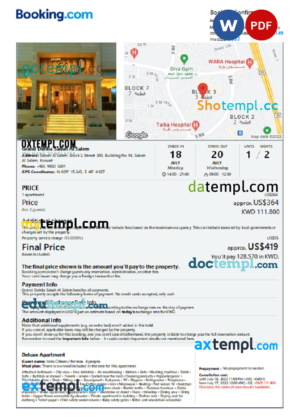 editable template, Kuwait hotel booking confirmation Word and PDF template, 2 pages