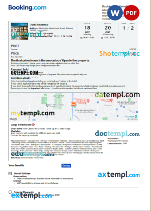 editable template, Kyrgyztsan hotel booking confirmation Word and PDF template, 2 pages