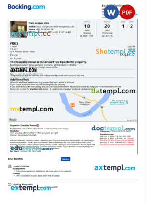 editable template, Laos hotel booking confirmation Word and PDF template, 2 pages