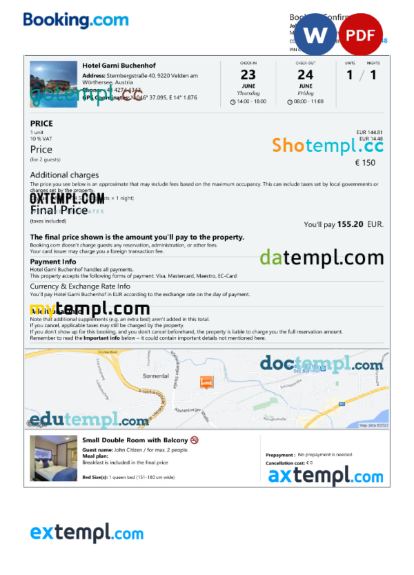 editable template, Austria hotel booking confirmation Word and PDF template, 2 pages