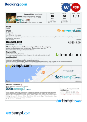 editable template, Lebanon hotel booking confirmation Word and PDF template, 2 pages