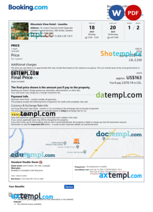 editable template, Lesotho hotel booking confirmation Word and PDF template, 2 pages