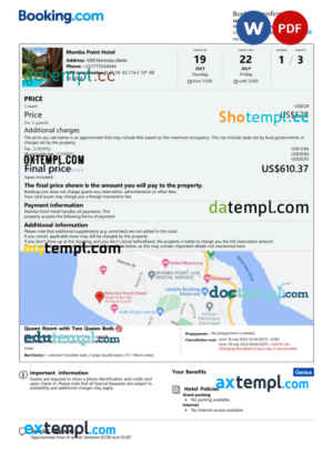 editable template, Liberia hotel booking confirmation Word and PDF template, 2 pages