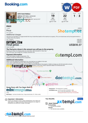editable template, Liechtenstein hotel booking confirmation Word and PDF template, 2 pages