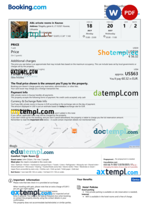 editable template, Lithuania hotel booking confirmation Word and PDF template, 2 pages