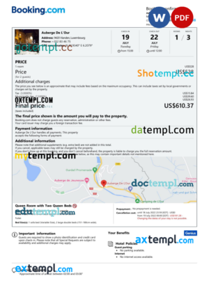 editable template, Luxembourg hotel booking confirmation Word and PDF template, 2 pages