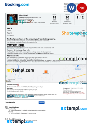 editable template, Madagascar hotel booking confirmation Word and PDF template, 2 pages