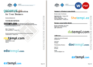 editable template, Australian Securities and Investments Commission's (ASIC) Record of Business Registration Word and PDF template, 3 pages