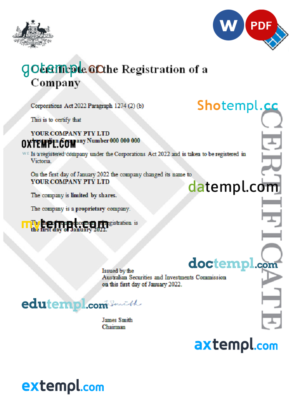 editable template, Australian Securities and Investments Commission's (ASIC) Certificate of Company Registration 1