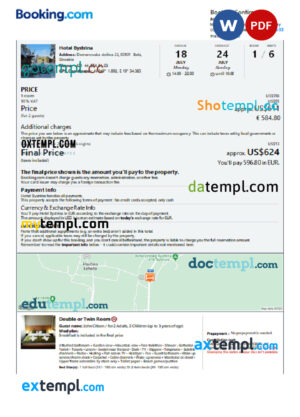 editable template, Slovakia hotel booking confirmation Word and PDF template, 2 pages