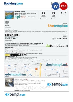 editable template, Bahrain hotel booking confirmation Word and PDF template, 2 pages