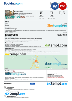 editable template, Bhutan hotel booking confirmation Word and PDF template, 2 pages