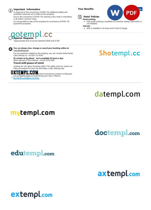 editable template, Mexico hotel booking confirmation Word and PDF template, 2 pages