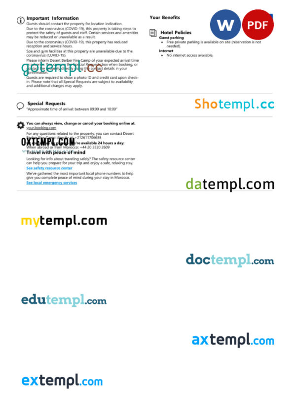 editable template, Morocco hotel booking confirmation Word and PDF template, 2 pages