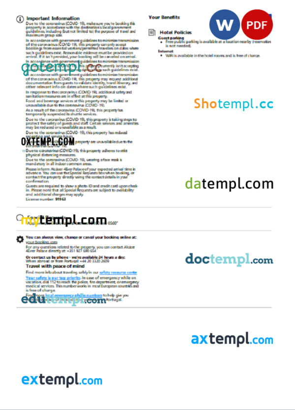 editable template, Portugal hotel booking confirmation Word and PDF template, 2 pages