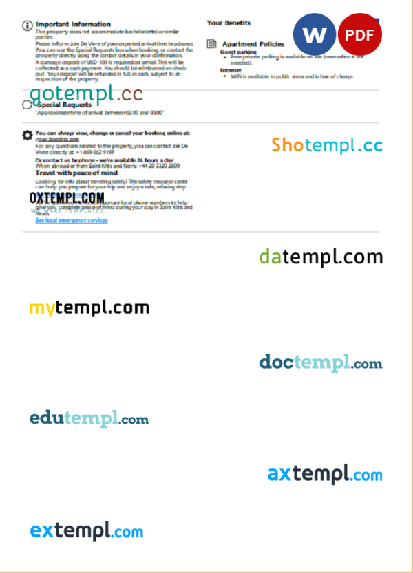 editable template, Saint Kitts and Nevis hotel booking confirmation Word and PDF template, 2 pages