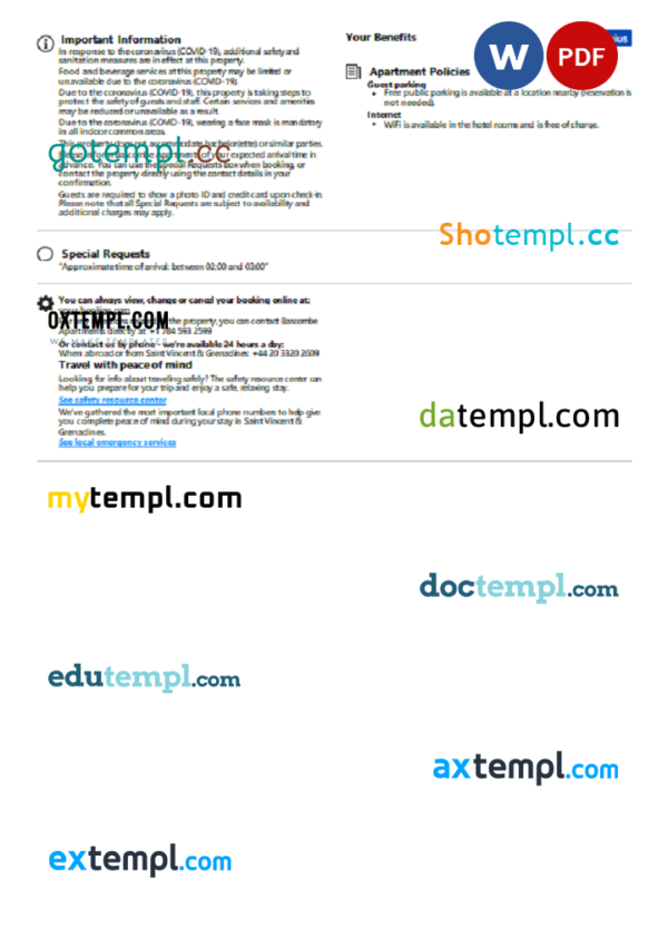 editable template, Saint Vincent and the Grenadines hotel booking confirmation Word and PDF template, 2 pages