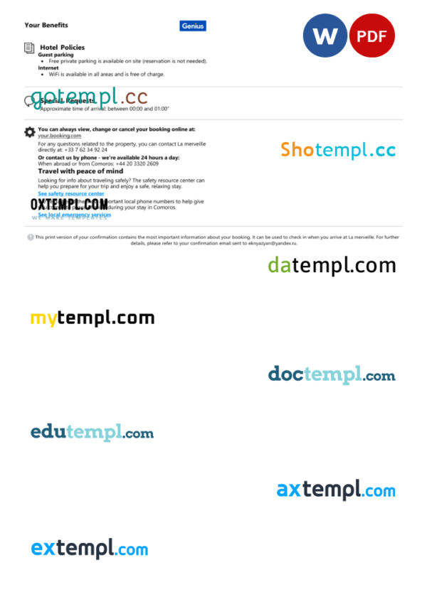 editable template, Comoros hotel booking confirmation Word and PDF template, 2 pages