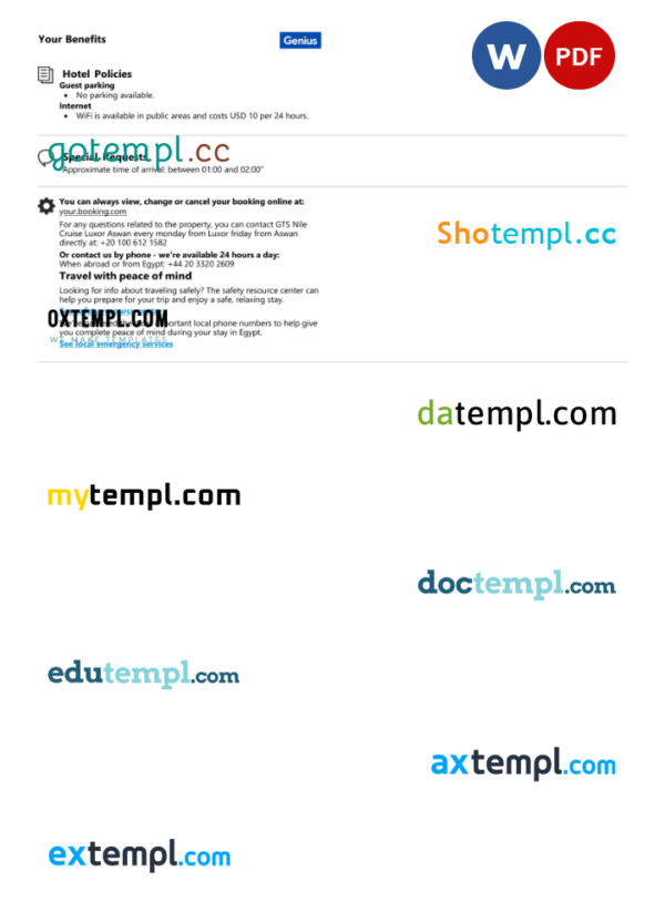 editable template, Egypt hotel booking confirmation Word and PDF template, 2 pages