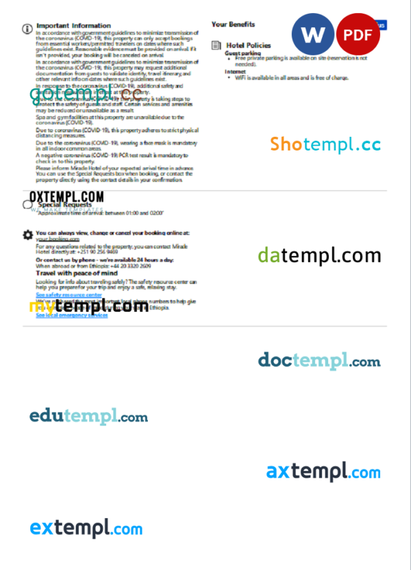 editable template, Ethiopia hotel booking confirmation Word and PDF template, 2 pages