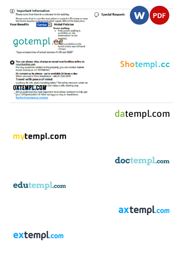 editable template, Kazakhstan hotel booking confirmation Word and PDF template, 2 pages