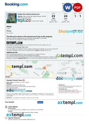 editable template, Afghanistan hotel booking confirmation Word and PDF template