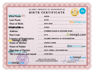 editable template, Afghanistan vital record birth certificate PSD template, completely editable