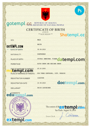 editable template, Albania birth certificate PSD template, completely editable