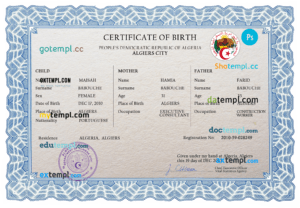 editable template, Algeria vital record birth certificate PSD template, fully editable