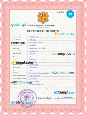 editable template, Andorra vital record birth certificate PSD template