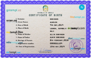 editable template, Angola vital record birth certificate PSD template, completely editable