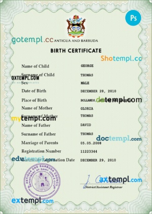 editable template, Antigua and Barbuda birth certificate PSD template, completely editable