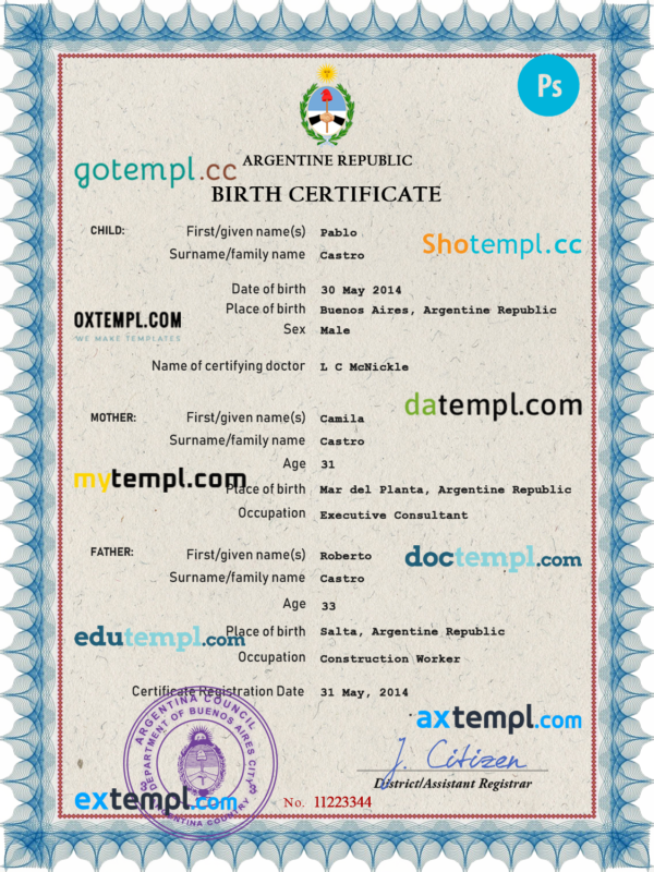 editable template, Argentina vital record birth certificate PSD template, fully editable